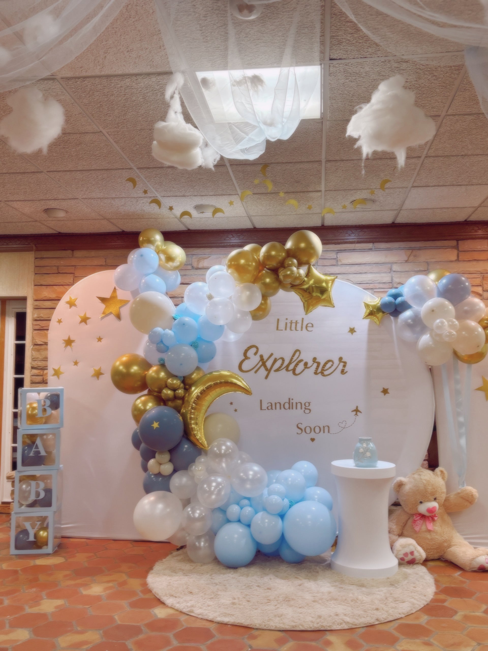 Over The Moon, Teddy Bear Semi Balloon Arch with Backdrop and Cake Stand Decoration for Events, New Jersey, New York