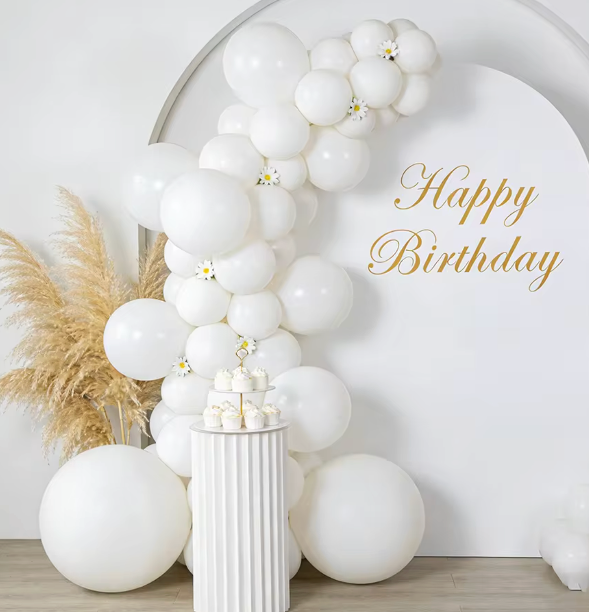 Half Balloon arch with Happy Birthday Backdrop and Cake Stand